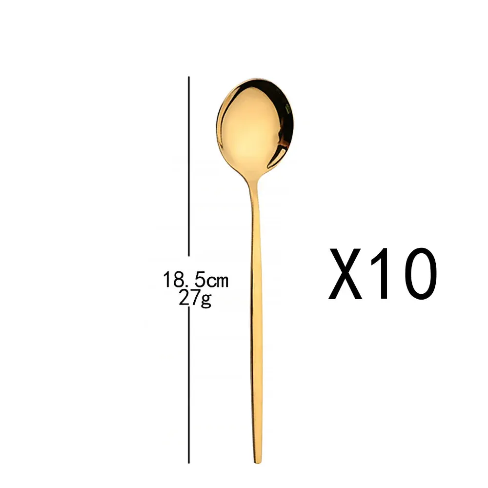 10 Piece Gold Flatware Set With Long Handles And Mirror Finish