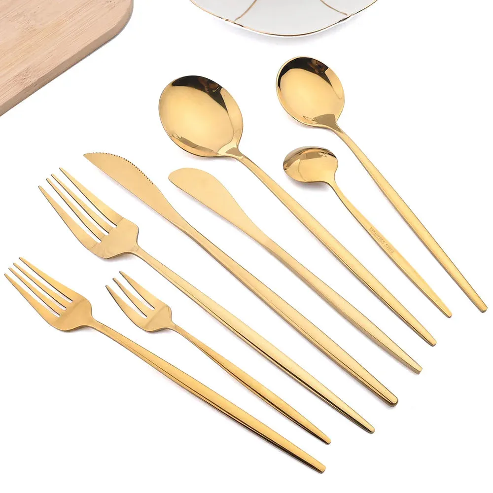 10 Piece Gold Flatware Set With Long Handles And Mirror Finish