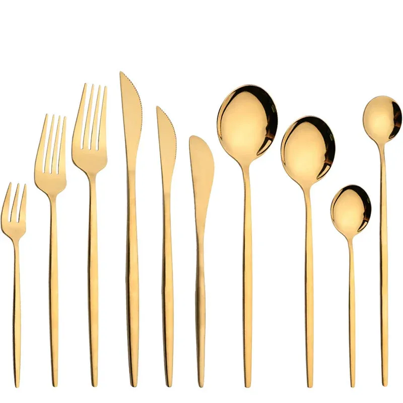 10 Piece Gold Flatware Set With Long Handles And Mirror Finish