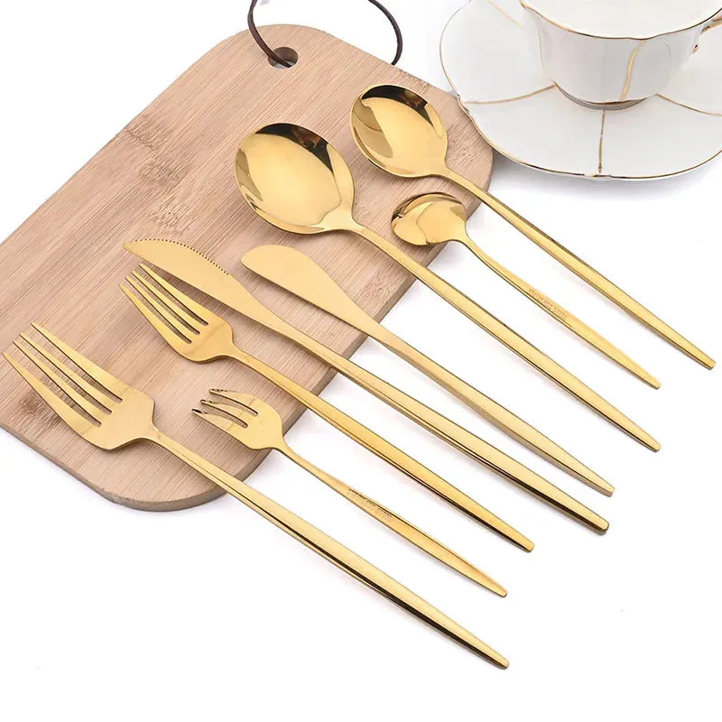 10 Piece Gold Flatware Set With Long Handles And Mirror Finish