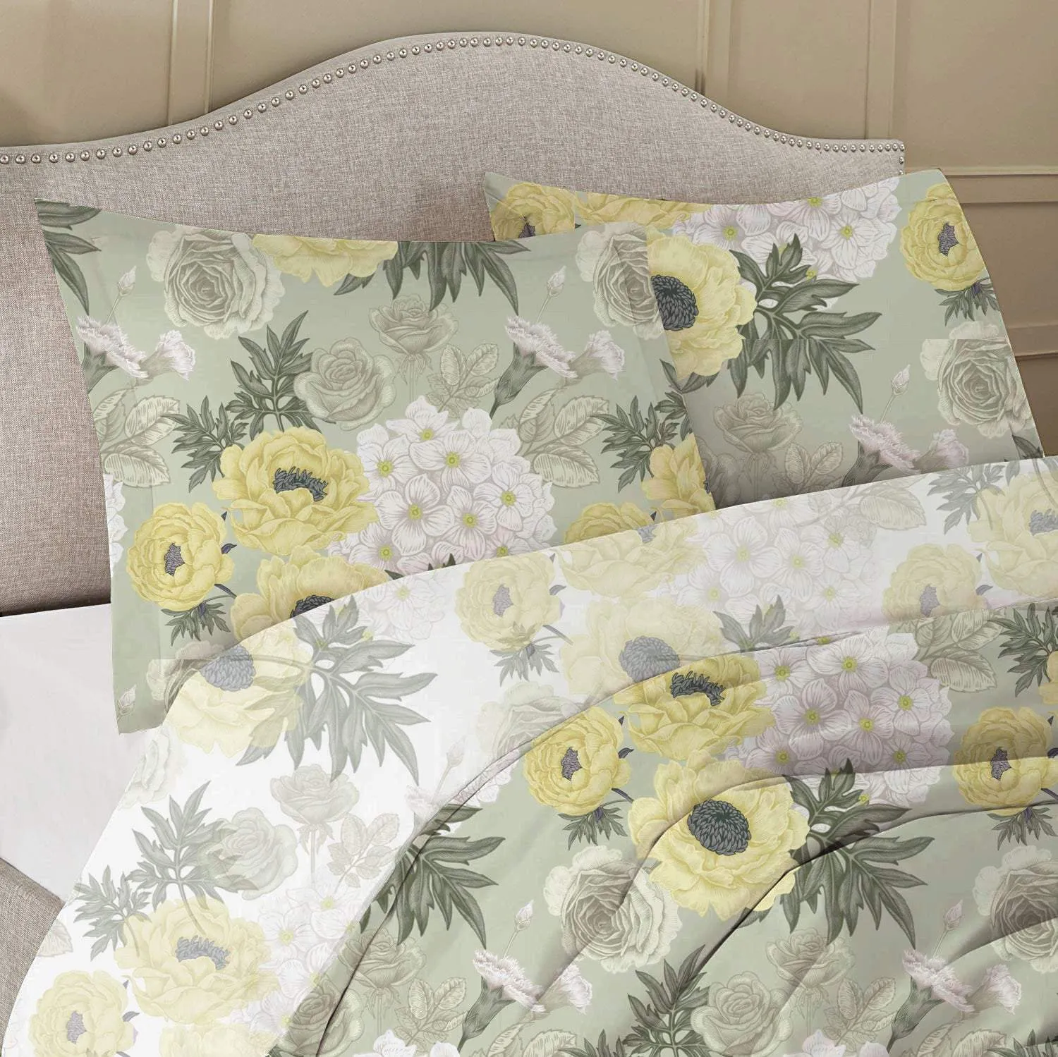 100% Cotton 3-Piece Willow Printed Comforter Set Queen/King Size - Light Yellow