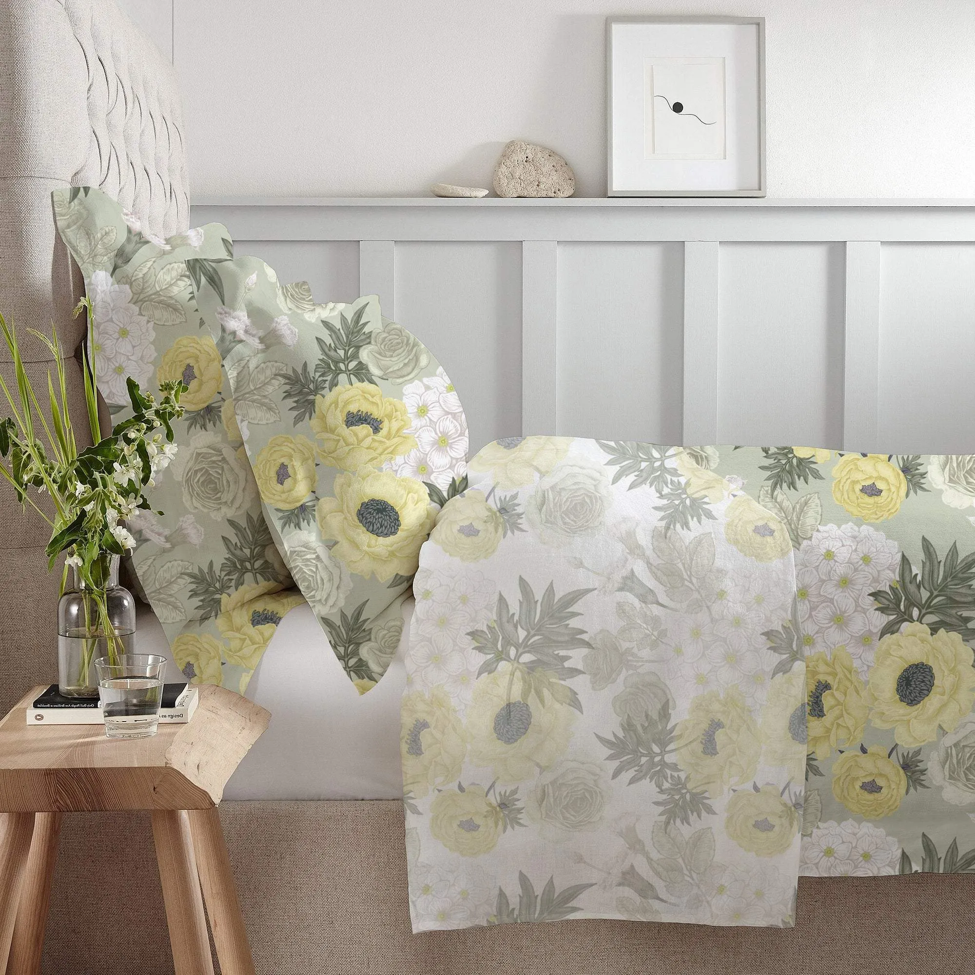 100% Cotton 3-Piece Willow Printed Comforter Set Queen/King Size - Light Yellow