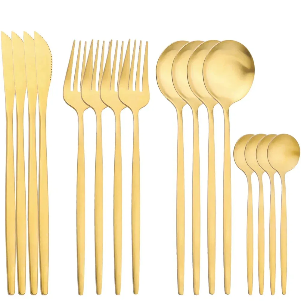 16 Piece Gold Stainless Steel Cutlery Set For Kitchen Dining