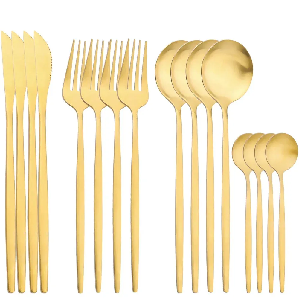 16 Piece Gold Stainless Steel Cutlery Set For Kitchen Dining