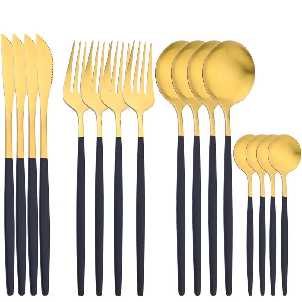16 Piece Gold Stainless Steel Cutlery Set For Kitchen Dining