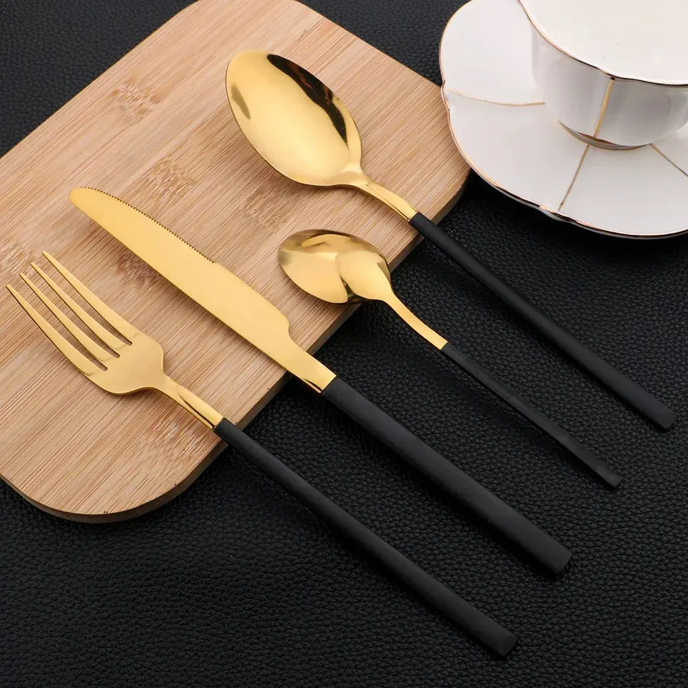 24 Piece Stainless Steel Cutlery Set In Black And Gold