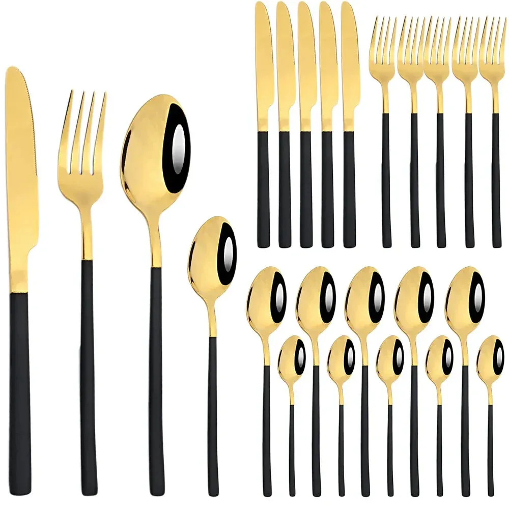 24 Piece Stainless Steel Cutlery Set In Black And Gold