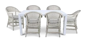Bahamas Rectangle 7 Piece Outdoor Setting in Arctic White with Wicker Chairs