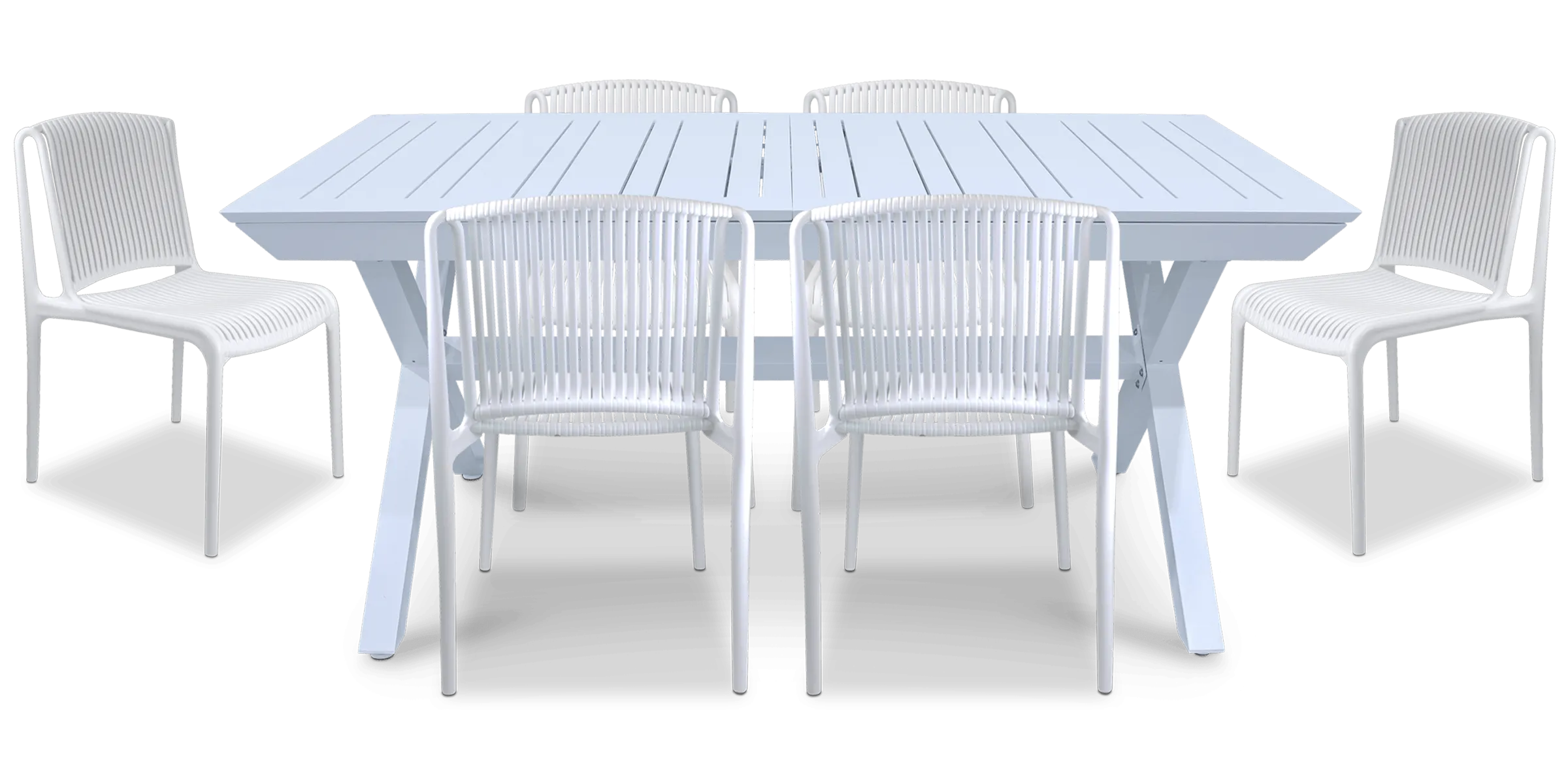 Caribbean Outdoor Extension Table in White with UV Plastic Outdoor Chairs (PP)