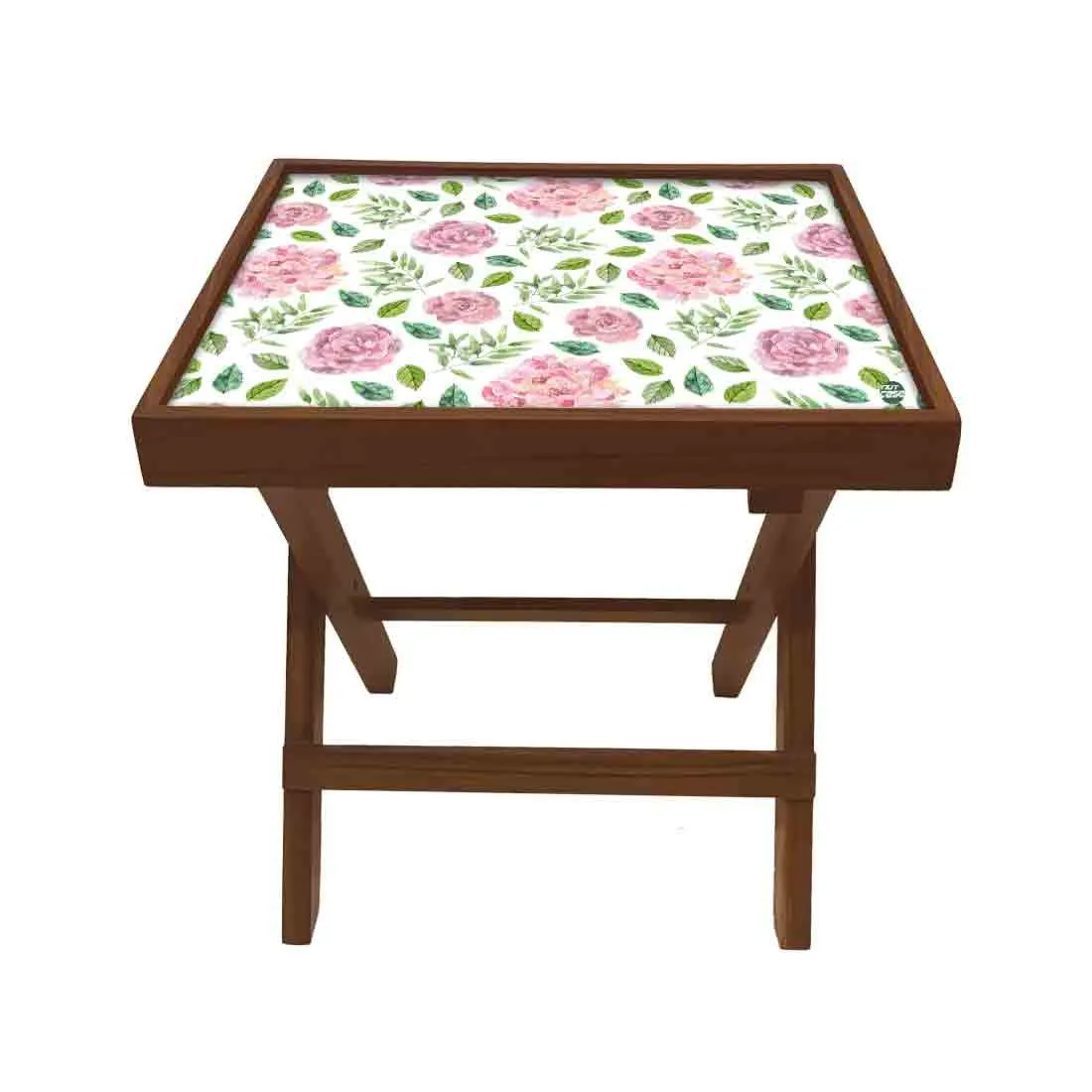 Nutcase Designer Teak Wood Side Table Folding Wooden Bedside Coffee Outdoor Picnic Table - Flower Pattern