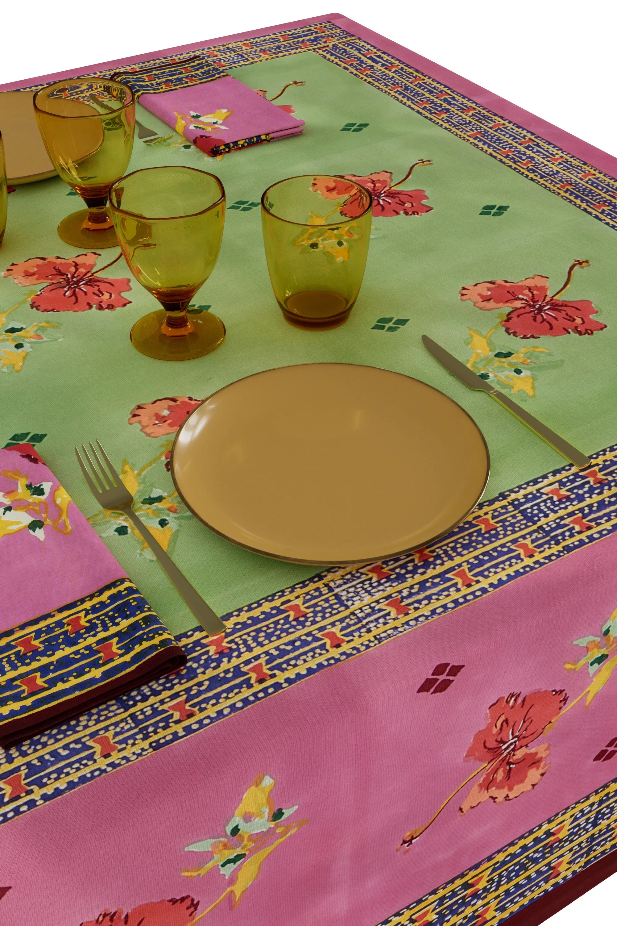 Small Rectangular Tablecloth in Green and Pink Ibisco