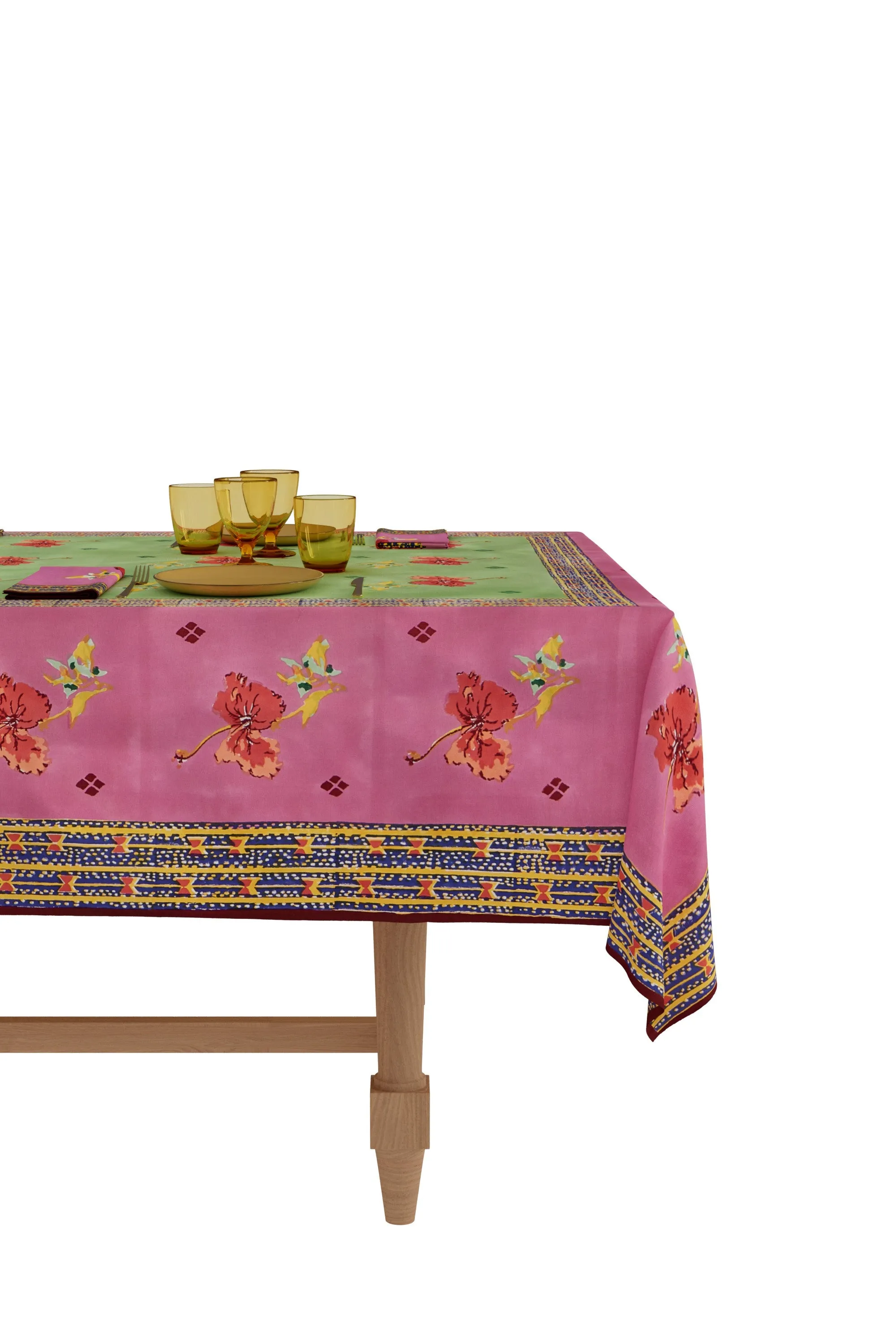 Small Rectangular Tablecloth in Green and Pink Ibisco