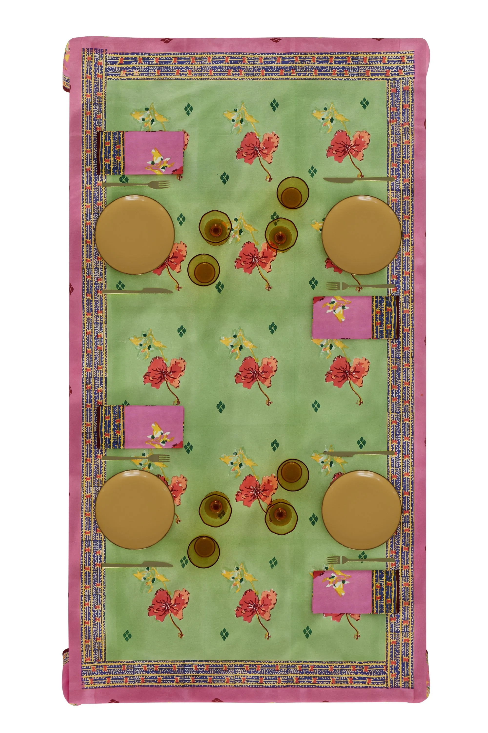 Small Rectangular Tablecloth in Green and Pink Ibisco