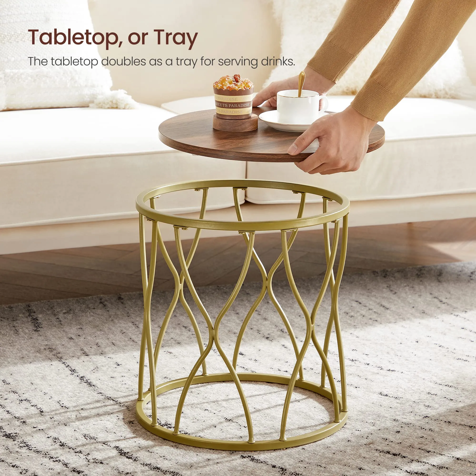 VASAGLE Side Table Set of 2, Round Coffee Table for Living Room, End Tables, Nightstands for Bedroom, Study, Wood Grain Effect and Gold ULET331A43